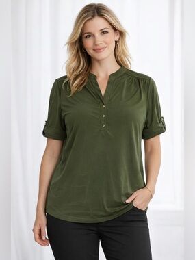 JOIE DE VIVRE Olive Green V-Neck Button Front Blouse Roll Tab Sleeve  Top 1X